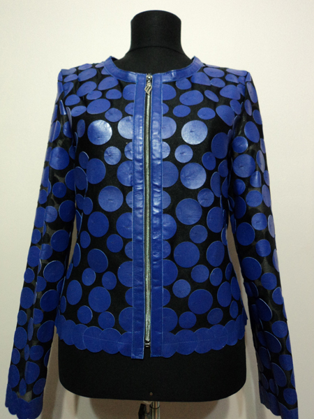 Blue Leather Leaf Jacket for Women Design 07 Genuine Short Zip Up Light Lightweight [ Click to See Photos ]