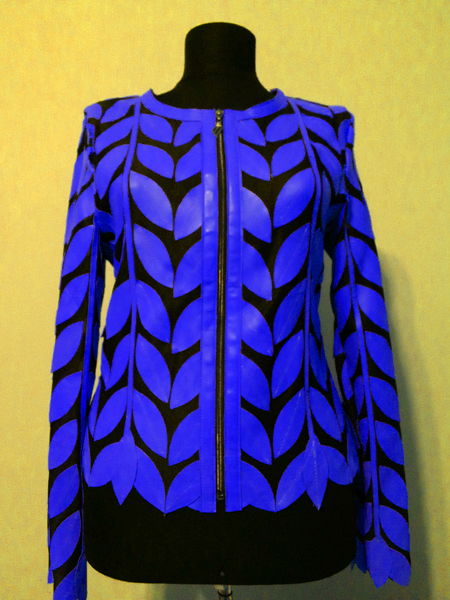 Blue Leather Leaf Jacket for Women Round Neck Design 11 Genuine Short Zip Up Light Lightweight [ Click to See Photos ]