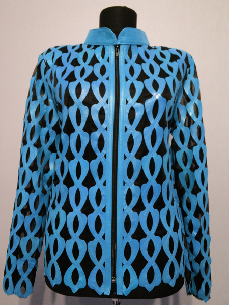 Ice Baby Blue Leather Leaf Jacket for Women Design 05 Genuine Short Zip Up Light Lightweight