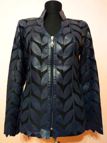 Navy Blue Leather Leaf Jacket for Women V Neck Design 08 Genuine Short Zip Up Light Lightweight [ Click to See Photos ]