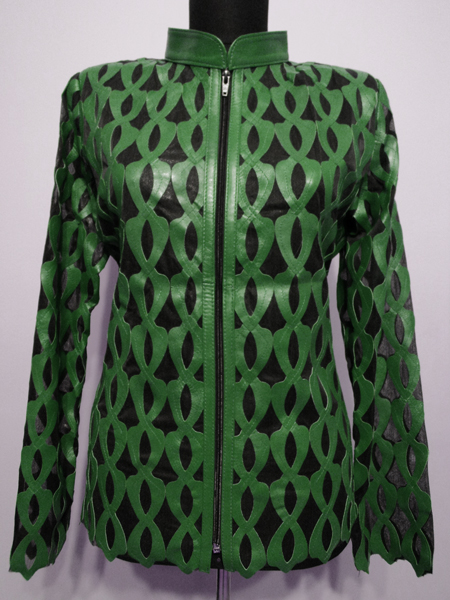 Plus Size Green Leather Leaf Jacket for Women Design 05 Genuine Short Zip Up Light Lightweight [ Click to See Photos ]