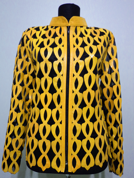 Plus Size Yellow Leather Leaf Jacket for Women Design 05 Genuine Short Zip Up Light Lightweight [ Click to See Photos ]