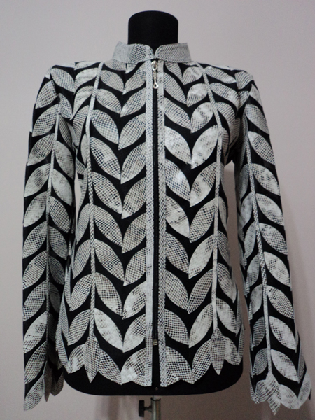 White snake Pattern Turkish Leather Leaf Jacket for Women Design 04 Genuine Short Zip Up Light Lightweight