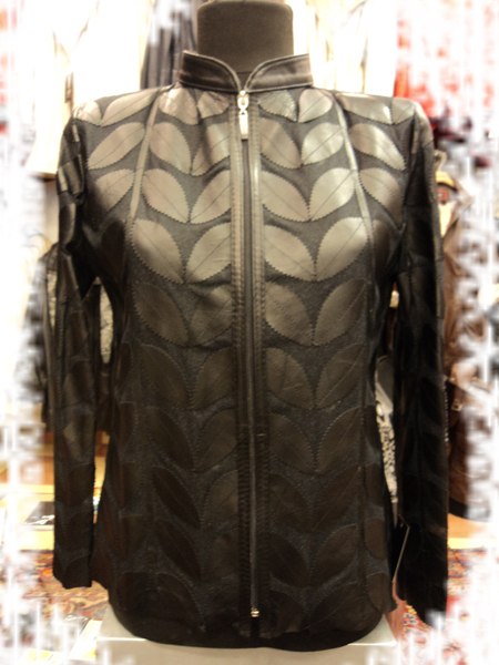 Plus Size Black Leather Leaf Jacket for Women [ Click to See Photos ]