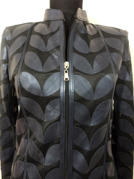 Plus Size Navy Blue Leather Leaf Jacket for Women