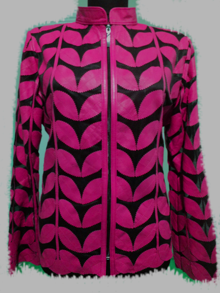 Plus Size Pink Leather Leaf Jacket for Women [ Click to See Photos ]