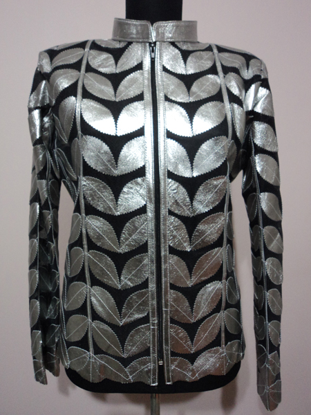 Plus Size Shiny Silver Gray Leather Leaf Jacket for Women