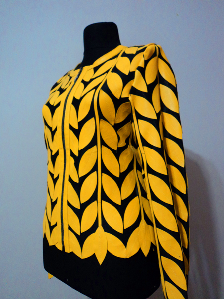 Yellow Leather Leaf Jacket for Women Round Neck Design 11 Genuine Short Zip Up Light Lightweight