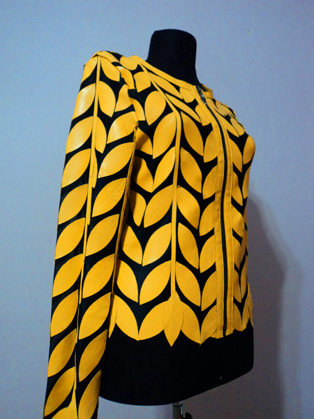 Yellow Leather Leaf Jacket for Women Round Neck Design 11 Genuine Short Zip Up Light Lightweight