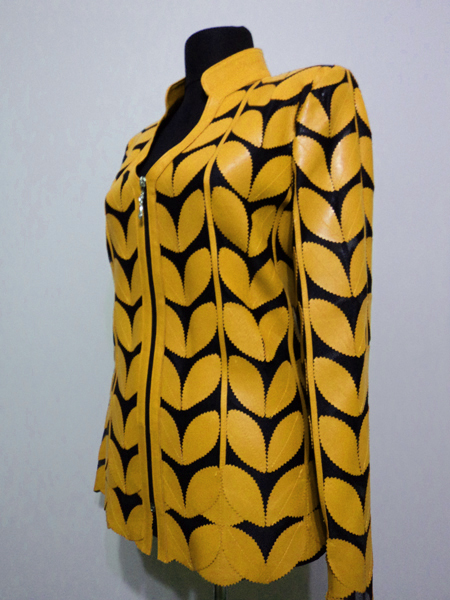 Yellow Leather Leaf Jacket for Women V Neck Design 09 Genuine Short Zip Up Light Lightweight